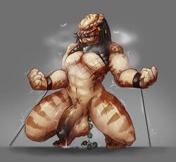 agitype01 alien anal_beads balls big_penis black_glans blush bound cum drooling fangs fingers fist glans humanoid male male_only multicolored_penis muscular muscular_male penis predator_(franchise) saliva sex_toy shaking simple_background solo solo_male steam sweat two_tone_penis yautja