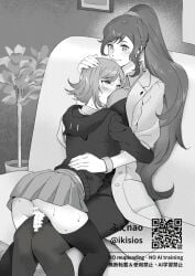 2girls ass bar_censor between_breasts blush breasts censored commission couch danganronpa_(series) danganronpa_2:_goodbye_despair danganronpa_3_(anime) english_text futa_with_female futanari greyscale hood hooded_jacket hug jacket lab_coat large_breasts long_sleeves miniskirt monochrome multiple_girls nanami_chiaki pantyhose penis pixiv_commission plant pleated_skirt ponytail potted_plant qr_code skirt smile sunao_(souis) sweat yukizome_chisa