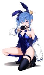 agoberos_artist alternate_version_at_source alternate_version_available armpit armpits belly belly_button_piercing biting_glove biting_own_hand black_glove black_high_heels black_sock blue_and_white blue_and_white_jacket blue_and_white_stripped_ribbon blue_bunnysuit blue_eyes blue_hair blue_hair_female blue_leotard blue_nail_polish blue_nails blue_neckwear blue_ribbon blue_sock blush blush_lines blushing_at_viewer blushing_female bracelet bunny_ears bunnysuit crouch crouching crouching_female crown different_socks earring embarrassed embarrassed_female fake_animal_ears fake_bunny_ears high_heels hololive hololive_gen_0 hololive_japan hoshimachi_suisei jacket jacket_open leotard leotard_under_clothes light-skinned_female light_skin medium_thighs neckerchief necktie neckwear ribbon sexy_body short_hair shoulders slim_body small_breasts star star_shaped_earrings stars striped_ribbon suisex teeth teeth_showing thigh_strap tummy vtuber vtuberfanart white_background