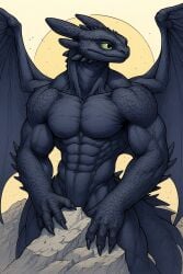 abs ai_generated anthro athletic athletic_anthro athletic_male biceps black_body black_scales claws dragon green_eyes how_to_train_your_dragon male muscular muscular_anthro muscular_male mythological_creature mythological_scalie mythology night_fury nude pecs ripped_muscles scales scalie solo tail toothless triceps veiny_muscles western_dragon wings