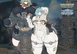 1futa 1girls abs armpit_stubble bellacabasada caesar_king dialogue duo female futanari gigantic_breasts gigantic_penis huge_breasts huge_cock muscular muscular_futa seed_(zenless_zone_zero) standing stubble text veiny_penis voluptuous zenless_zone_zero