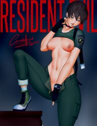 1girls 2019 areolae artist_name blue_eyes breasts brown_hair capcom clothing cosmichentai female female_only hair nipples rebecca_chambers resident_evil shirt shirt_up signature small_breasts solo tomboy undressing video_games