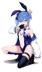 agoberos_artist alternate_version_at_source alternate_version_available armpit armpits belly belly_button belly_button_visible_through_clothing biting_glove biting_own_hand black_glove black_high_heels black_sock blue_and_white blue_and_white_jacket blue_and_white_stripped_ribbon blue_bunnysuit blue_eyes blue_hair blue_hair_female blue_leotard blue_nail_polish blue_nails blue_neckwear blue_ribbon blue_sock blush blush_lines blushing_at_viewer blushing_female bracelet breasts_visible_through_clothing bunny_ears bunnysuit crouch crouching crouching_female crown different_socks earring embarrassed embarrassed_female fake_animal_ears fake_bunny_ears high_heels hololive hololive_gen_0 hololive_japan hoshimachi_suisei jacket jacket_open leotard leotard_under_clothes light-skinned_female light_skin medium_thighs neckerchief necktie neckwear ribbon sexy_body short_hair shoulders slim_body small_breasts star star_shaped_earrings stars striped_ribbon suisex teeth teeth_showing thigh_strap transparent_bunnysuit transparent_clothing transparent_leotard tummy vtuber vtuberfanart white_background
