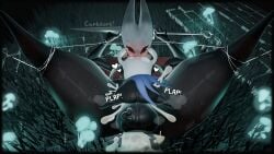 3d angry ass ass_focus black_skin bondage cape carbdorb cum_inside face_in_breasts from_behind heart hollow_knight hollow_knight:_silksong hornet_(hollow_knight) huge_thighs large_balls protagonist_(hollow_knight) silksong size_difference spread_legs steamy_breath sweating text