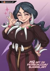 1girls black_hair blannis_art bracelet breasts closed_eyes drasna_(pokemon) female female_only gilf large_breasts long_hair milf necklace pale-skinned_female pale_skin pokemon wide_hips