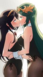 2girls alternate_costume bare_shoulders blue_eyes blue_hair breasts bunny_ears bunny_girl bunnysuit fire_emblem fire_emblem_awakening green_eyes green_hair kid_icarus kid_icarus_uprising kissing kwrrrrrr leotard long_hair lucina_(fire_emblem) medium_breasts multiple_girls nintendo palutena small_breasts tiara yuri