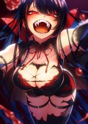 arm_strap bat_wings black_hair boob_focus choker cluseller female lace lace-trimmed_bra lace-trimmed_thighhighs lace_trim original_character red_eyes thighhighs vampire vampire_girl