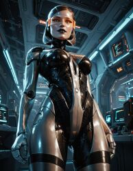 ai_generated android bioware black_lips breasts cyberpunk edi female grey_eyes indoors lips lok_ai mass_effect medium_breasts metal_skin robot robot_joints science_fiction short_hair solo standing tinted_eyewear viewed_from_below