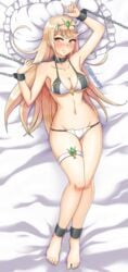 1girls absurd_res arm_up bed bed_sheet bikini blonde_hair blush bondage bound breasts chained chains collar eyebrows_visible_through_hair female fetish gem glitchynpc hair_ornament hand_gesture headpiece high_res hourglass_figure jewelry large_breasts long_hair lying mythra_(xenoblade) navel nintendo pillow shy slave solo swimsuit thigh_strap thin_waist tiara tsundere very_long_hair wide_hips xenoblade_(series) xenoblade_chronicles_2 yellow_eyes