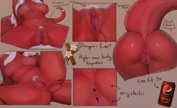 anus can colored_skin dragon_girl dragon_tail english_text female female_pubic_hair grey_hair head_out_of_frame highres long_hair multiple_views navel_piercing nipples pepsi piercing pubic_hair pussy red_skin searyn tail
