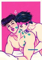 2boys bite_mark diamond_is_unbreakable emptychameleon gay jojo's_bizarre_adventure josuke_higashikata kiss_mark lipstick lipstick_mark male male/male male_only rohan_kishibe yaoi