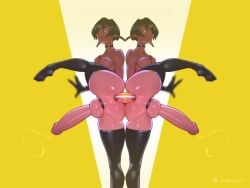 2girls anus black_gloves black_thighhighs blue_eyes breasts choker cock_ring colored_skin cowboy_shot dildo double_dildo dual_persona futanari gloves glowing glowing_eye huge_cock multiple_girls nipples original penis precum precum_string red_skin sex_toy small_breasts tailbox thighhighs transparent_dildo