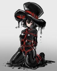 arms_behind_back black_eyes black_hair blush bodysuit bondage bound bulge covered_nipples enraku_tsubakura gzpxllztt hat heart highres large_hat latex latex_bodysuit len'en restrained skin_tight slime_(substance) tagme tsubakura_enraku