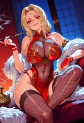 1girls ai_generated armlet balecxi bare_shoulders black_thighhighs blonde_hair boruto breasts bridal_gauntlets brown_eyes china_dress chinese_clothes cleavage closed_mouth clothing clothing_cutout covered_navel curvaceous curvaceous_female curvaceous_figure curvy curvy_figure dress eyeshadow facial_mark feather_boa female female_focus fingerless_gloves fishnet_legwear fishnet_thighhighs fishnet_top fishnets forehead forehead_mark gloves gold_trim highleg holding holding_smoking_pipe indoors inviting inviting_to_sex kiseru large_breasts legwear lips lipstick long_hair looking_at_viewer low_twintails makeup mature_female nail_polish naruto naruto_shippuden navel night orange_eyes panties parted_bangs pelvic_curtain presenting presenting_ass presenting_breasts presenting_hindquarters presenting_pussy presenting_self red_dress red_gloves red_leotard red_lips red_nails red_panties seductive seductive_look seductive_smile see-through side_slit sitting sleeveless sleeveless_dress smile smoke smoking smoking_pipe solo thighhighs thighs tsunade twintails underwear voluptuous voluptuous_female window