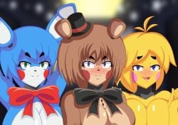 3girls android animatronic anthro bear_girl big_breasts blue_body blue_fur blue_hair blue_skin bonnie_(fnaf) bonnie_(fnia) bow bowtie breasts brown_body brown_fur brown_hair bunny_ears bunny_girl bunny_tail bunnygirl chica_(fnaf) chica_(fnia) chicken_girl cleavage ear featureless_breasts female female_only five_nights_at_freddy's five_nights_in_anime five_nights_in_anime_rebooted fnaf fnia freckles freckles_on_face freddy_(fnia) furry game_cg gigantic_breasts green_eyes huge_breasts multiple_girls no_nipples open_mouth pose posing rabbit rabbit_girl red_panties red_thong ribbon robot robot_girl robot_humanoid seductive thighs thong toy_bonnie_(fnaf) toy_bonnie_(fnia) toy_chica_(fnaf) transparent_background white_body white_fur white_skin yellow_body yellow_hair yellow_skinned_female