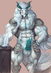 anthro armor asian_mythology balls dragon east_asian_mythology eastern_dragon erection goroguro hi_res horn knot looking_at_viewer male male_only muscular muscular_male mythology solo standing