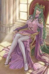 1girls boots braid breasts chair cleavage detached_sleeves dress female fire_emblem fire_emblem:_new_mystery_of_the_emblem fire_emblem:_shadow_dragon full_body garter_belt green_eyes green_hair hair_ornament headdress high_heels jewelry kinoeneko large_breasts lingerie long_hair mamkute manakete nagi_(fire_emblem) nintendo overknees pointed_ears shoes single_braid sitting sitting_on_chair skirt solo thigh_boots thighhighs thighs throne tied_hair underwear very_long_hair zettai_ryouiki