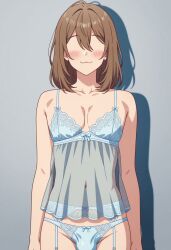 :3 ai_art ai_generated blush brown_hair bulge civitai crossdressing cute cute_face eyeless eyeless_male femboy garter_belt medium_hair otoko_no_ko see-through shadow simple_background tagme trap unidentified_person_(truep81) white_lingerie
