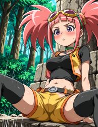 ai_generated arm_support bangs belt black_shirt black_thighhighs blunt_bangs blush breasts brown_belt buckle choker closed_mouth clothing collarbone crop_top cropped_shirt day dinosaur_king eyewear eyewear_on_head female forest goggles goggles_on_head green_choker jewelry jousneystudio leaning_back legwear medium_breasts midriff nature navel necklace open_clothes open_vest outdoors patreon pink_hair purple_eyes sega shirt short_shorts short_sleeves shorts sidelocks sitting solo spread_legs sweat sweatdrop thighhighs tree trembling twintails vest yellow_shorts yellow_vest zoe_drake