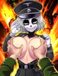 1boy1girl big_breasts gta_online_female_character hands_on_breasts hella_stalin killer_hunts_killer monster_girl nazi_uniform original_character red_eyes skull smiley_face soldier white_hair