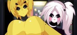 2girls big_breasts breasts breasts_bigger_than_head breasts_out clown clown_girl featureless_breasts female female_focus female_only five_nights_at_freddy's five_nights_in_anime five_nights_in_anime_rebooted fnia golden_freddy_(fnaf) golden_freddy_(fnia) huge_breasts marionette_(fnaf) ponytail pov pov_breasts pov_male puppet_(fnaf) puppet_(fnia) sprite transparent_background white_hair white_hair_female