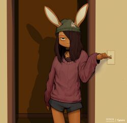 1boy 2025 animal_ears anthro anthro_male beanie beanie_hat booty_shorts brown_fur brown_hair bunny_boy bunny_ears choker clothed comic_page dark_brown_hair dark_hair dark_hair_male femboy fur hair_over_one_eye hat janis_(twang) jewelry leporid leporid_humanoid light_brown_fur light_switch male_only necklace opening_door page_1 rabbit_humanoid shadow short_shorts shorts solo solo_male straight_hair sweater thighs twang twink