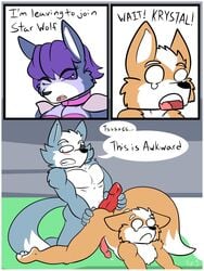 anal bed blush canid canine canis comic dialogue duo english_text erection female fox fox_mccloud foxzombiej gay hi_res humor inside krystal male mammal masturbation muscular nintendo penile penis star_fox text video_games wolf wolf_o'donnell yaoi