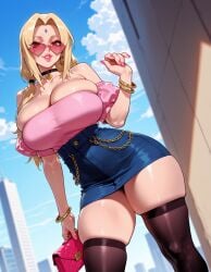 1girls ai_generated bag balecxi bangs bare_shoulders black_choker black_legwear black_thighhighs blonde_hair blue_skirt blue_sky boruto bracelet breasts brown_eyes brown_thighhighs building chains choker city cleavage clothing cloud collarbone curvaceous curvaceous_female curvaceous_figure curvy curvy_figure day denim_skirt detached_sleeves earrings facial_mark female female_focus female_only forehead_jewel forehead_mark gyaru handbag heart-shaped_eyewear heart_choker high-waist_skirt holding holding_bag huge_breasts jewelry large_breasts legwear lips long_hair looking_at_viewer looking_over_eyewear low_twintails makeup mature mature_female miniskirt nail_polish naruto naruto_shippuden necklace off-shoulder_shirt off_shoulder outdoors parted_lips pencil_skirt pink-tinted_eyewear pink_lips pink_nails pink_shirt puffy_sleeves red-tinted_eyewear red_nails shirt short_sleeves skindentation skirt sky skyscraper smile solo standing sunglasses taut_clothes thick_thighs thighhighs thighs tinted_eyewear tsunade tsunade_(naruto) twintails voluptuous voluptuous_female zettai_ryouiki