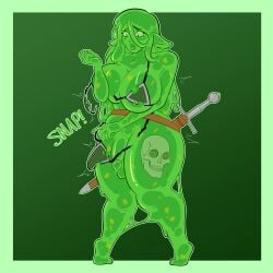 acid armor art_raffle big_ass big_breasts big_lips big_penis bikini bikini_armor bikini_bottom bikini_top bimbo blush clothing_malfunction cock coin coins dick female female_focus female_only gem green_body green_eyes green_hair green_skin green_slime huge_ass huge_breasts huge_cock large_ass large_breasts penis skull skull_head slime slime_girl sword thighs thighs_bigger_than_head thighs_together zestyskele