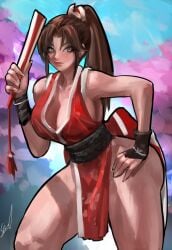 arm_guards bare_shoulders breasts brown_eyes brown_hair cherry_blossoms cleavage closed_mouth clothing fatal_fury female folded_fan folding_fan hand_fan hand_on_own_hip high_ponytail holding holding_fan japanese_clothes king_of_fighters large_breasts lips long_hair looking_at_viewer mai_shiranui ninja no_bra pelvic_curtain ponytail revealing_clothes sash sideboob sleeveless smile solo stanbl7 thick_thighs thighs