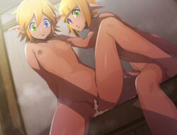 1boy 1girls after_sex aura_bella_fiora bajima_shouhei bath bathhouse bathroom big_sister blonde_hair blue_eyes blush brother_and_sister cum cum_in_pussy cum_inside cum_leaking cum_on_penis dark-skinned_female dark-skinned_femboy dark-skinned_male dark_elf dark_skin elf female femboy femboy_on_female girly green_eyes hetero heterochromia incest little_brother male_dark_elf male_elf mare_bello_fiore monster_boy monster_girl nipples no_pubic_hair nude older_sister overlord_(maruyama) penis pussy sitting small_breasts spread_legs steam straight sweat tomboy trap younger_brother