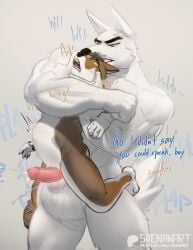 2boys abs anal anal_sex anthro anthro_on_anthro balls balls_size_difference bara biceps big_balls big_dom big_dom_small_sub canid canine canis carrying carrying_partner choked choked_from_behind domestic_dog dominant dominated fucked_from_behind fucked_into_submission fucked_senseless fucked_silly gay headlock holding holding_partner huge_balls male muscles muscular muscular_male naked naked_male questionable_consent rape raped shenanart size_difference size_play smaller_male speech stomach_bulge text white_fur wrestling yaoi