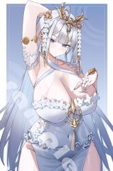 absurd_res blue_eyes breasts cleavage collarbone covered_navel criss-cross_halter dress earrings expressionless female_only headpiece huge_breasts huiqie jewelry long_hair original pelvic_curtain solo standing thighs underboob_cutout white_dress