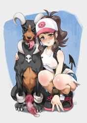 1boy 1girls 3_toes animal_genitalia animal_penis bare_shoulders big_penis black_fur blue_background blush boots breasts brown_eyes brown_fur brown_hair canine cap claws clothed clothing drooling eye_contact feet female feral hair half-closed_eyes hat heavy_breathing hilda_(pokemon) horn horns houndoom huge_penis human knot laced_boots large_penis larger_female long_hair long_penis looking_at_viewer male nintendo nude open_mouth paws penis pokémon_(species) pokemon pokemon_bw pokemon_gsc pollenoxide ponytail saliva see-through shirt shoes shorts sitting size_difference smaller_male smell smile squatting tail teeth text tongue tongue_out veins veiny_penis video_games watermark white_border zoophilia