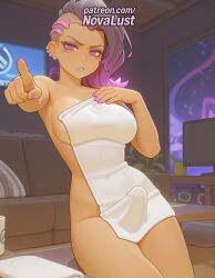 1futa 2025 ai_generated artist_name asymmetrical_hair average_breasts breasts bust chest dark-skinned_female dark_skin earrings eyeshadow fingernails futanari hi_res high_quality high_resolution highres indoors jewelry lipstick long_fingernails long_hair makeup medium_breasts mole mole_under_eye multicolored_hair nail_polish normal_breasts novalust overwatch parted_lips patreon patreon_username pink_nails pointing pointing_at_viewer purple_eyes purple_hair sitting solo sombra stable_diffusion towel two-tone_hair virtual_youtuber watermark