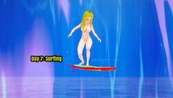blonde_female blonde_hair breasts embarrassed embarrassed_female embarrassed_naked_female embarrassed_nude_exposure embarrassed_nude_female enf female female_dragon koikatsu koikatsu_(medium) naked naked_female nude nude_female senftember senftember_(2025) surfboard surfing surfing_girl water wave xboxking37
