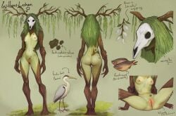 animal antlers ass bird breasts brown_background colored_skin druid english_text facing_viewer female fish from_behind green_skin heron highres horns large_breasts long_hair nipples open_mouth original pubic_hair pussy searyn shiny_skin skull standing tongue tongue_out willow_leshen_(searyn)