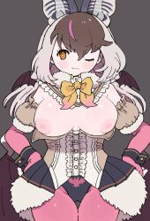 010mzam animal_ears bat_ears bat_girl bat_wings breasts brown_eyes brown_hair brown_long-eared_bat_(kemono_friends) elbow_gloves extra_ears female fingerless_gloves gloves grey_background grey_hair highres kemono_friends kemono_friends_v_project large_breasts leotard long_hair looking_at_viewer microphone multicolored_hair nipples pantyhose simple_background skirt solo streaked_hair virtual_youtuber wings