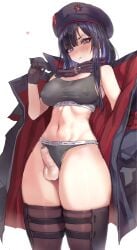 absurdres black_hair black_hat black_jacket breasts erection eunhwa_(nikke) eunhwa_(tactical_upgrade)_(nikke) female foreskin futanari goddess_of_victory:_nikke grey_panties hat heart highres jacket long_hair medium_breasts navel ohthicc otik panties parted_lips penis phimosis purple_hair simple_background small_penis smile solo stomach testicles uncensored underwear white_background