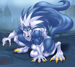 anthro balls big_balls blue_fur claws darkstalkers gallon hungothenomster jon_talbain lupine male male_only muscle muscular muscular_male solo solo_male two_tone_fur vampire_savior were werewolf white_fur wolf yellow_claws