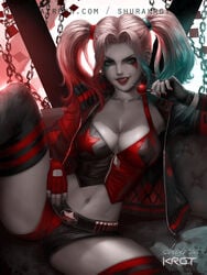 1girls alternate_breast_size batman_(series) big_breasts breasts cleavage dc dc_comics female female_only fully_clothed harley_quinn hot_pants hotpants large_breasts looking_at_viewer shurakrgt solo spread_legs suicide_squad