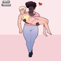 1boy 1girls blonde_hair bulge crossdressing dark-skinned_female dark_skin female femboy girly heart interracial jamesab larger_female lifting light-skinned_male muscular_female original original_character original_characters panties panty_bulge princess_carry sissy size_difference tagme