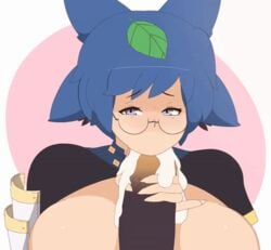 animated big_penis blue_eyes blue_hair clothing cum cum_in_mouth fellatio female glasses leaf original_character penis pinkey_out solo_focus starpeace tagme xyudi_(character)