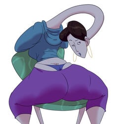 1girls ass_cleavage bare_calves big_ass big_butt blue_lipstick busty butt_crack calves curvy cute female female_focus female_only g-string hoodie hourglass_figure huge_ass leggings long_neck looking_at_viewer looking_back milf original_character oyotsu_the_rokurokubi pale-skinned_female pale_skin panties rokurokubi sideboob sitting slb solo thick_thighs thong wide_hips yoga_pants youkai