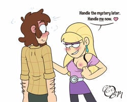 1boy 1girls artstyle_imitation bigmelonart blonde_hair blush breasts brown_hair clothing dipper_pines disney disney_channel fanon_couple gravity_falls nipples one_breast_out pacifica_northwest shirt_pull straight_hair tagme teasing text text_bubble waist_belt white_background