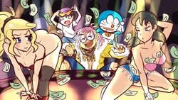 2019 2girls 3boys alternate_costume alternate_hairstyle ass black_hair blonde_hair blush breasts doraemon doraemon_(character) dreadlocks female flexing glasses gold_teeth handkerchief hip_hop human iamjemboy large_breasts laser light-skinned_female light_skin money necklace nobita_nobi older original original_character pigtails ponytail ring shizuka_minamoto short_hair small_breasts spotlight stripper sunglasses tied_hair tsunderella twerking twintails