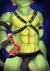 2019 abs anthro big_penis bondage_gear bulge chameleon checkhoff clothing clothing_aside flaccid hi_res humanoid_penis jockstrap lizard male male_only muscular muscular_male pecs penis playtonic_games reptile scalie simple_background smile solo standing underwear underwear_aside vein veiny_penis video_games yooka yooka-laylee