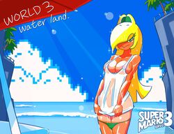 1girls beach blonde_hair blue_sky breasts cliff cloud female female_focus female_only green_eyes hair hair_over_one_eye humanized humanoid koopa koopa_girl looking_at_viewer mario_(series) minus8 nintendo nipples palm_tree panties panties_down see-through sky solo solo_female sparkle sunlight super_mario_bros._3 tan umbrella water wet wet_shirt