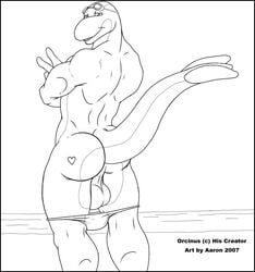 2007 aaron_(artist) anthro ass back_muscles backsack balls biceps black_and_white cetacean clothed clothing delphinoid fin gesture heart line_art long_tail looking_at_viewer looking_back male male_only mammal marine monochrome muscular muscular_male oceanic_dolphin orca orcinus partially_clothed perineum rear_view sagging_balls smile solo standing swimming_goggles tail_fin tattoo thick_tail toothed_whale v_sign