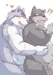 2018 anthro balls belly blush canid canine canis closed_eyes duo heart hi_res hug hugging_from_behind humanoid_hands male mammal overweight overweight_male penis teeth v2wolf wolf yaoi